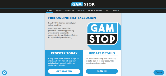 Official GamStop website home page 
